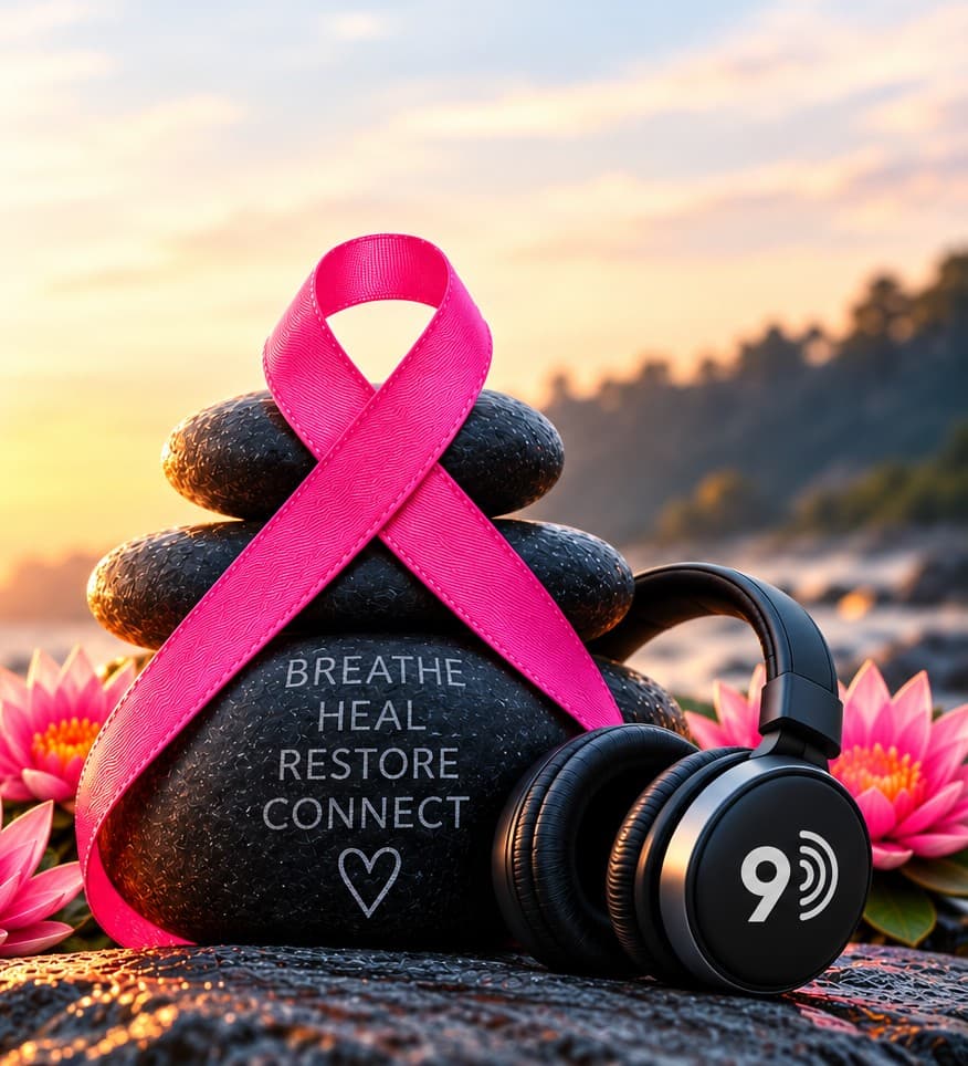 A stack of dark stones wrapped in a pink ribbon, engraved Breathe, Heal, Restore, Connect, beside a pair of 9D headphones at sunset.