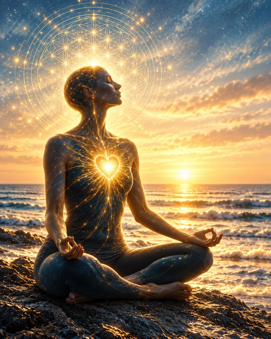 A seated human figure by the sea at sunrise with a glowing heart at the chest