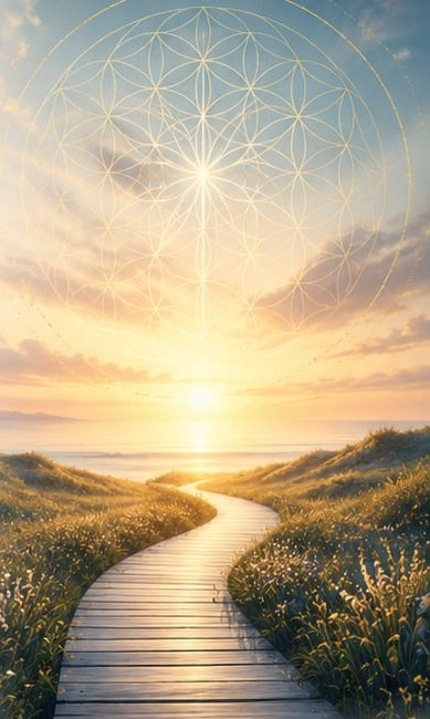 A boardwalk through dune grass toward a sunrise over the sea