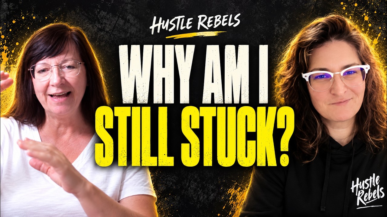 Hustle Rebels episode cover reading "Why am I still stuck?", with Melisa Guyett and host Renae Mansfield.